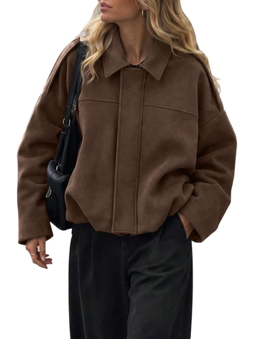 Women Coffee polyester Lapel Collar Batwing Sleeve Shoulder Straps Bomber Jacket